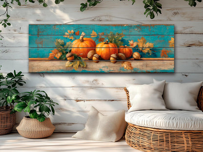 Wood Wall Art - Rustic Scene with Pumpkins, Leaves, and Acorns Print on Natural Wood, Farmhouse Wall Decor, Cozy Cabin Wall Art, Farm Decor