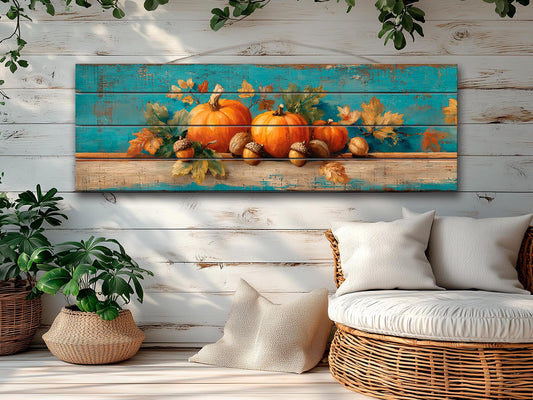Wood Wall Art - Rustic Scene with Pumpkins, Leaves, and Acorns Print on Natural Wood, Farmhouse Wall Decor, Cozy Cabin Wall Art, Farm Decor