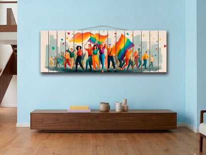 Pride Parade Print on Wood, Joyful LGBT Celebration Wall Art