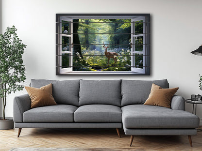 Wood Wall Art - Open Window Artwork Featuring Deer | Natural Wood Grain Decor