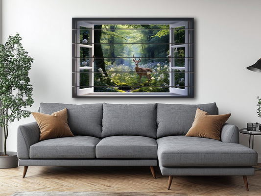 Wood Wall Art - Open Window Artwork Featuring Deer | Natural Wood Grain Decor