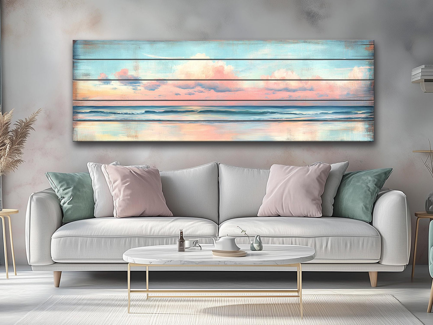 Wood Wall Art – Dreamy Pastel Skyline with Cotton Candy Clouds over Ocean Print on Natural Wood, Rustic Sea Beach Painting, Soft Tones Art