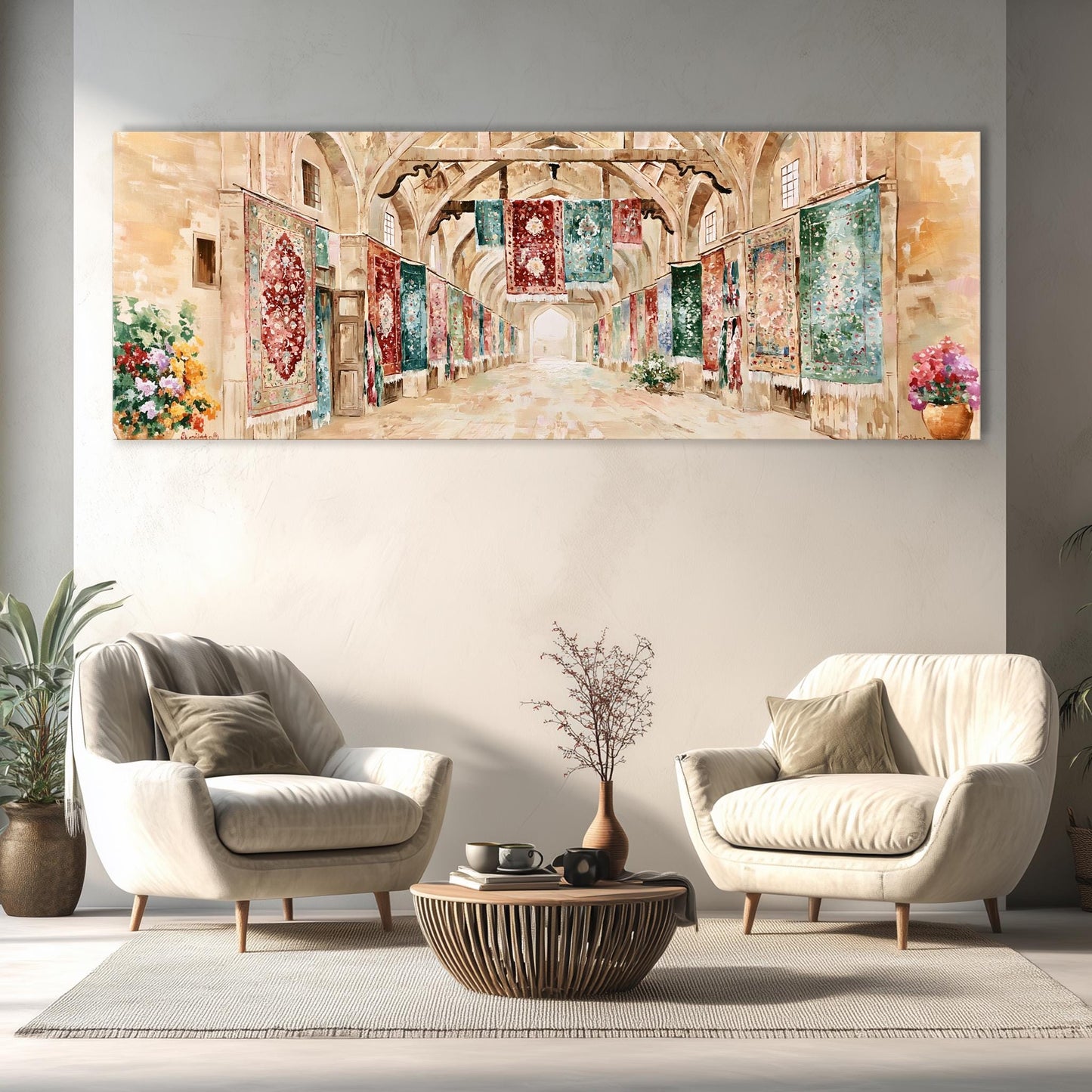 a cozy living room with two white armchairs and a wooden coffee table, set against a backdrop of a large painting of a hallway with colorful tapestries hanging on the walls.