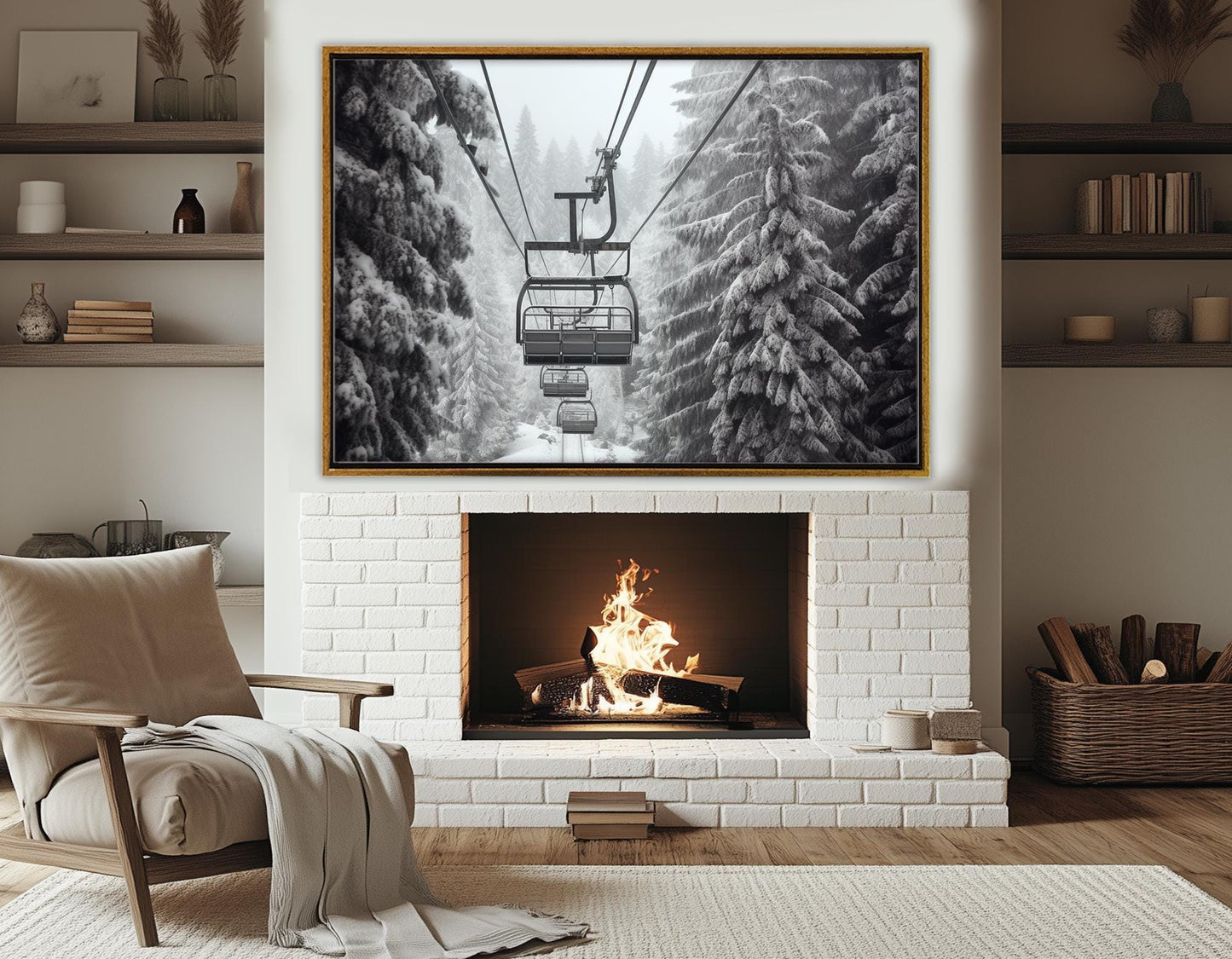 Winter Wall Decor - Ski Wall Art Cable Car Canvas Print, Framed Ready to Hang