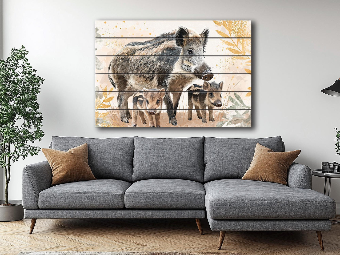 Cute Wild Boar Family Kids Print on Wood – Animal  Wall Art