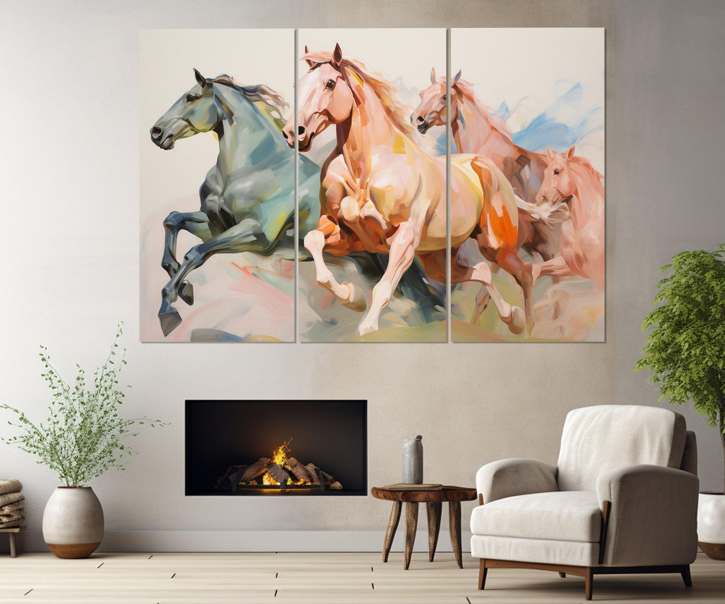 Abstract Horses Painting - Framed Horse Wall Art | Canvas Horse Print, Modern Decor