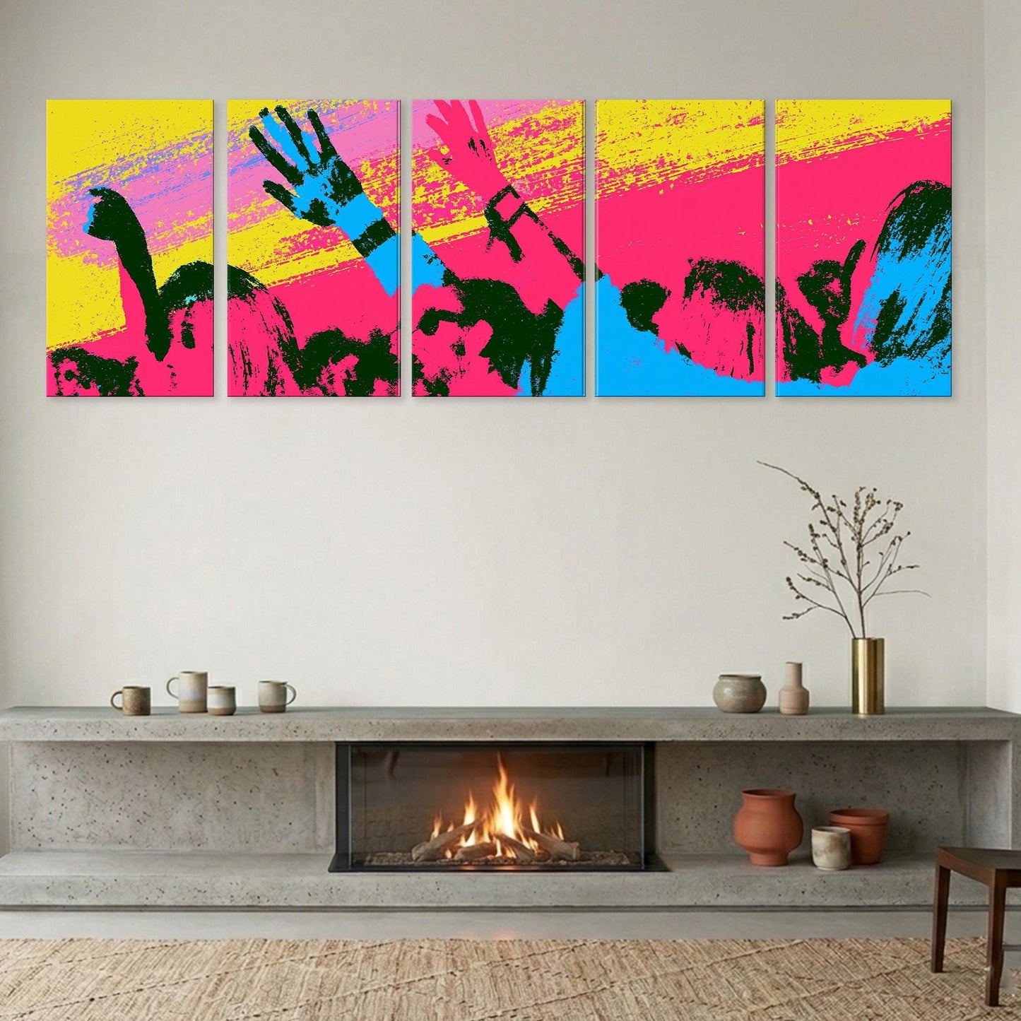 a modern living room with a fireplace, a coffee table, and a colorful abstract painting displayed on the wall above the fireplace.
