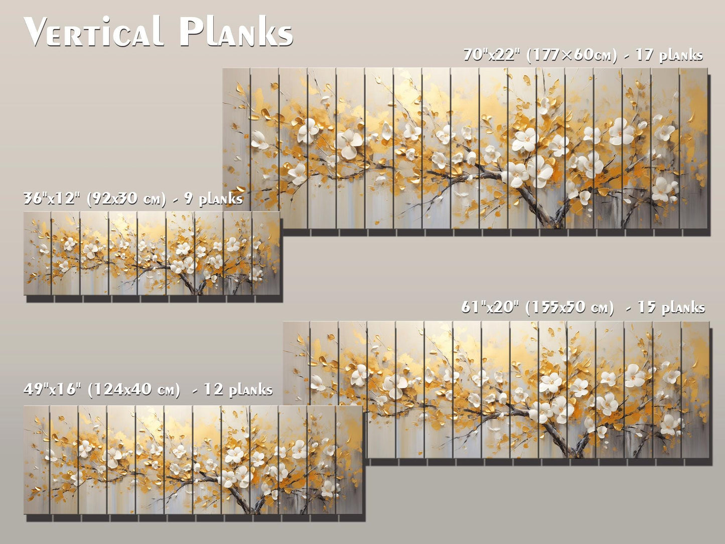 Abstract Gold and White Blossom Tree Print On Natural Wood