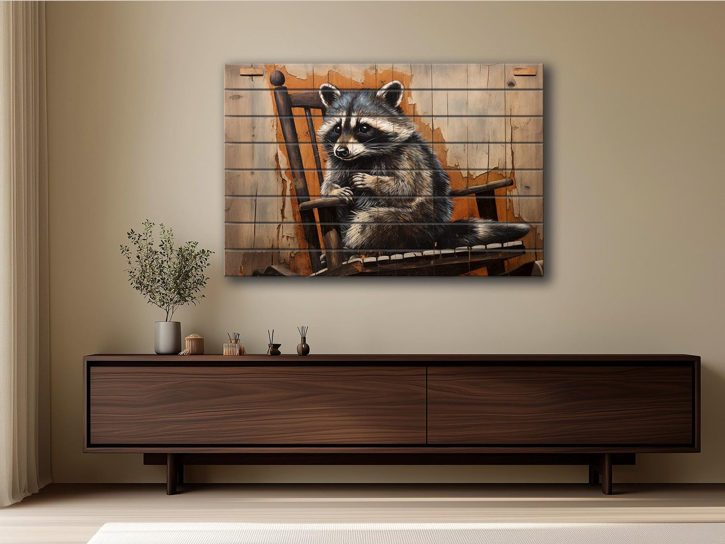 Raccoon Wall Art – Vintage Animal Artwork Printed on Distressed Wood Planks