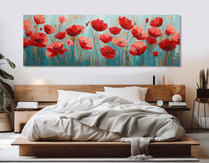 Field of Poppies Swaying in a Summer Breeze Canvas Print, Floral Wall Decor, Framed and Ready to Hang