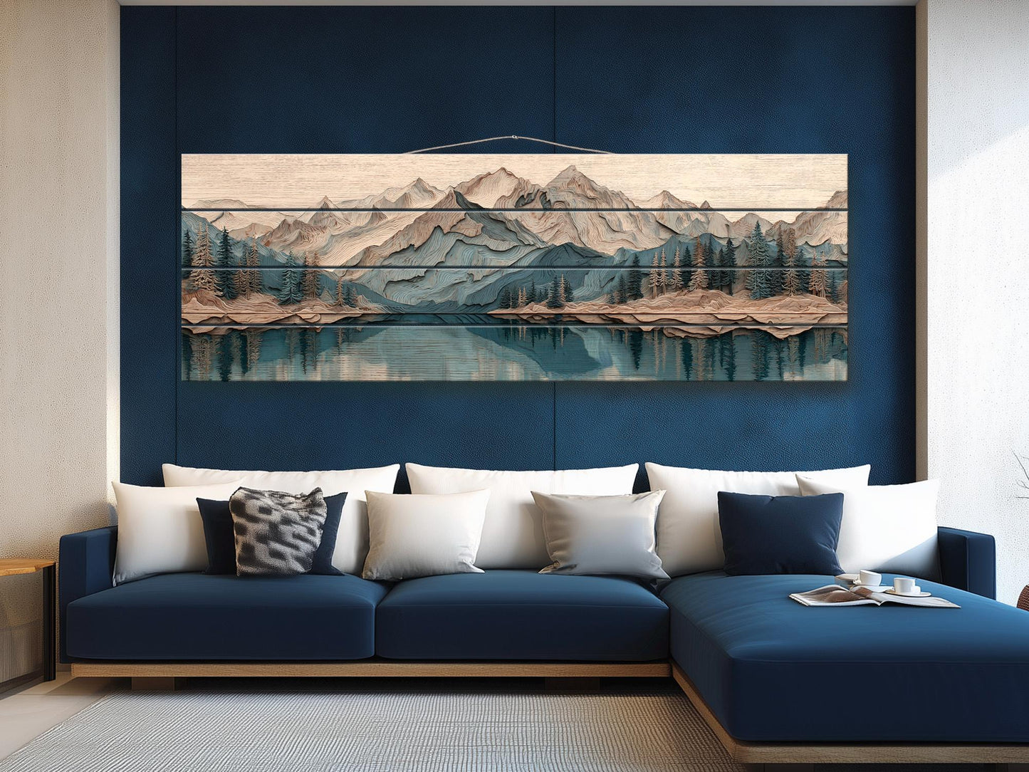 Panoramic Mountain Wood Art – Rustic Wood Decor With Layered Peaks Painting