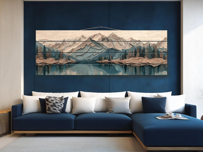 Panoramic Mountain Wood Art – Rustic Wood Decor With Layered Peaks Painting
