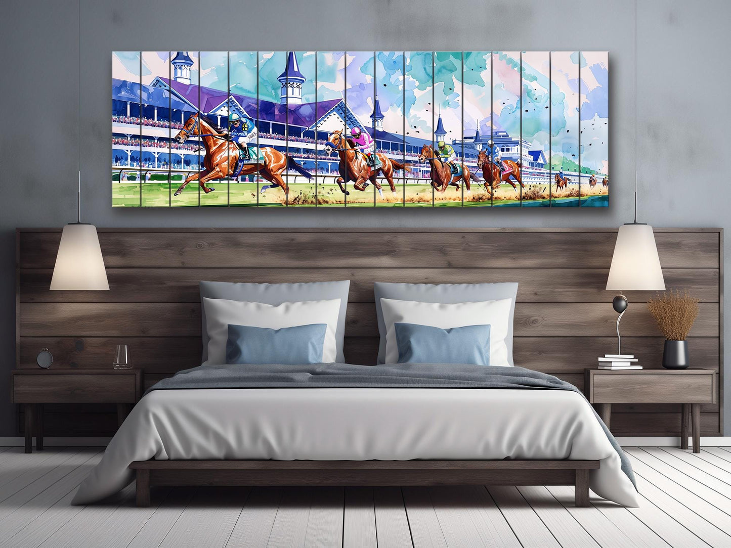 Horse Racing Wall Art – Rustic Natural Wood Print | Vibrant Outdoor Sports Decor