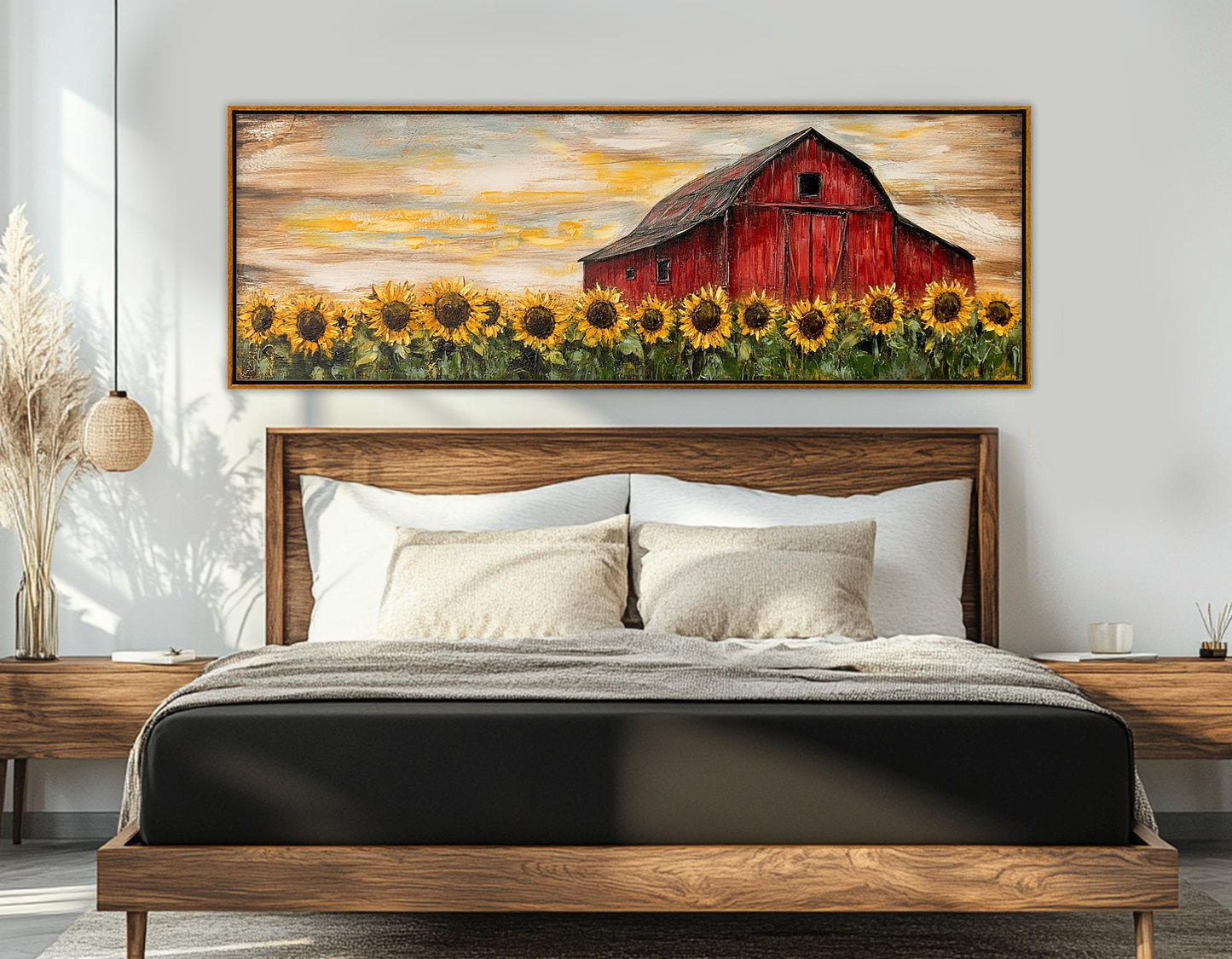 Rustic Farmhouse Wall Art – Sunflower Canvas Print with Old Barn Framed Canvas