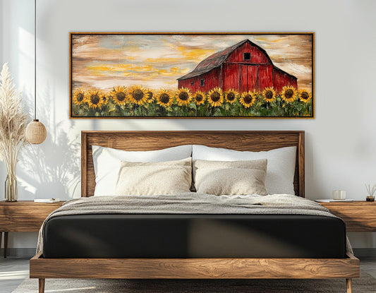 Rustic Farmhouse Wall Art – Sunflower Canvas Print with Old Barn Framed Canvas