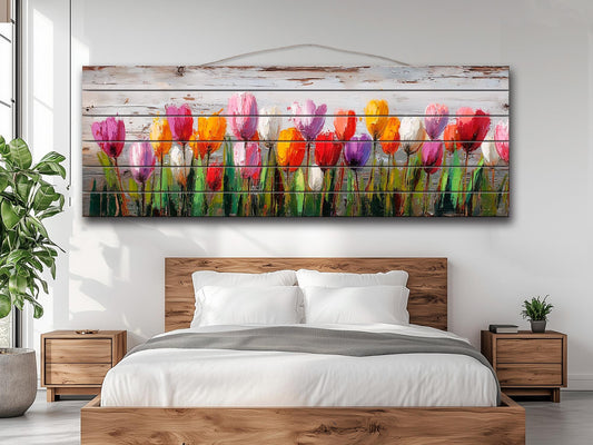 Rustic Tulips Wall Art – Colorful Floral Wood Decor | Handcrafted Tulip Print