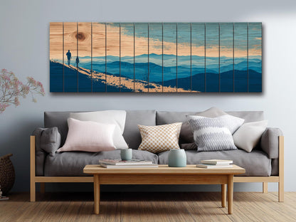 Mountain Ridge Hiking Print – Rustic Cabin Wall Art on Natural Wood Panels