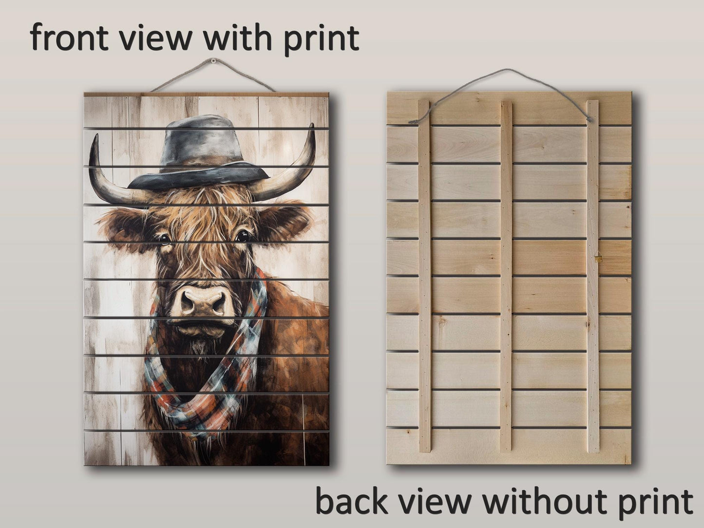 Rustic Wood Wall Art – Highland Cow Artwork on Natural Wood Planks | Farmhouse Wall Decor