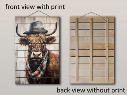 Rustic Wood Wall Art – Highland Cow Artwork on Natural Wood Planks | Farmhouse Wall Decor