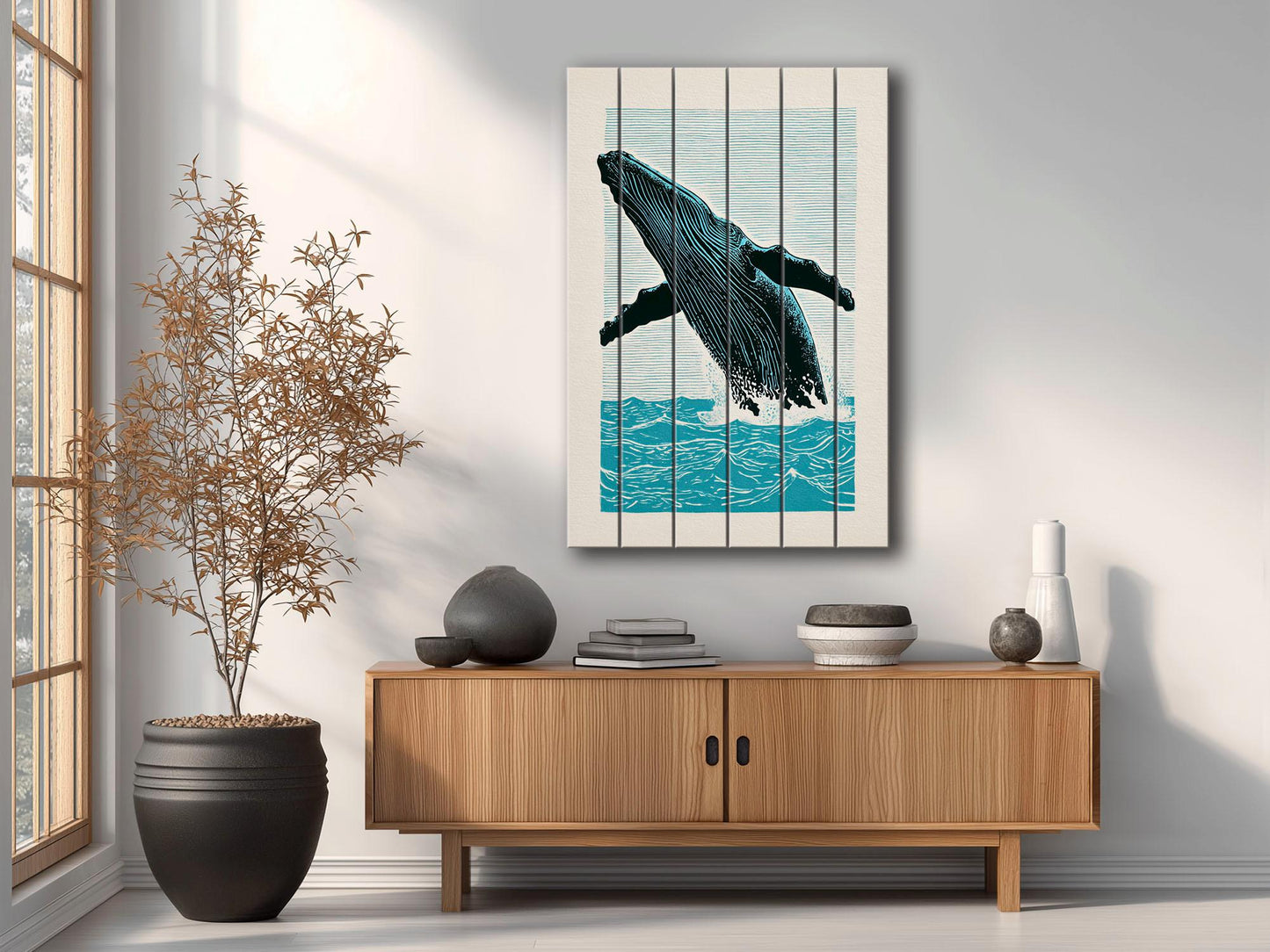 Whale Wood Wall Art – Humpback Linocut Print | Coastal Wood Decor, Ready to Hang