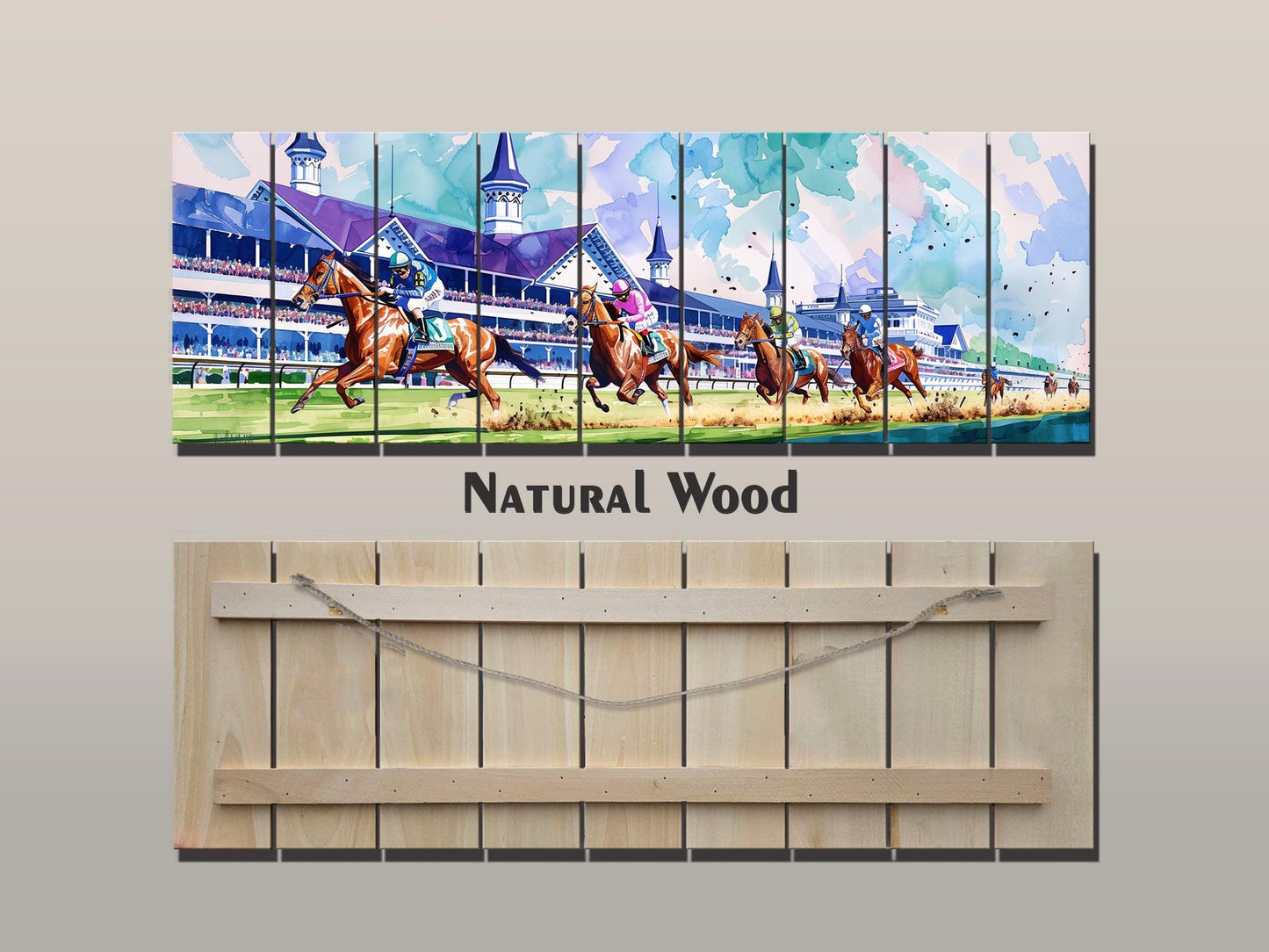 Horse Racing Wall Art – Rustic Natural Wood Print | Vibrant Outdoor Sports Decor