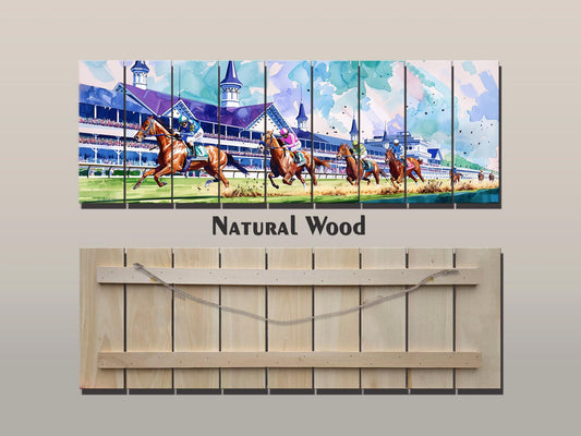 Horse Racing Wall Art – Rustic Natural Wood Print | Vibrant Outdoor Sports Decor