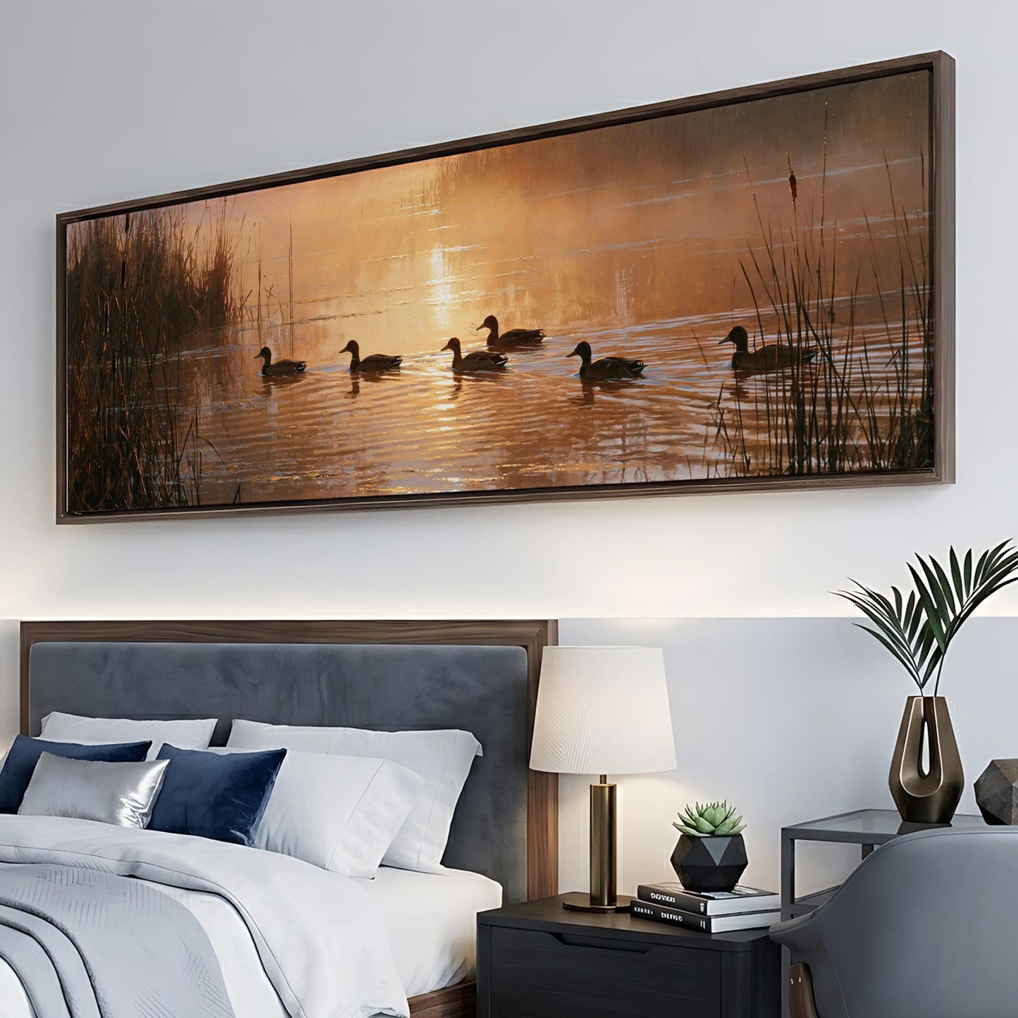 a serene scene of ducks swimming on a lake at sunset, with the warm glow of the setting sun reflected on the water.