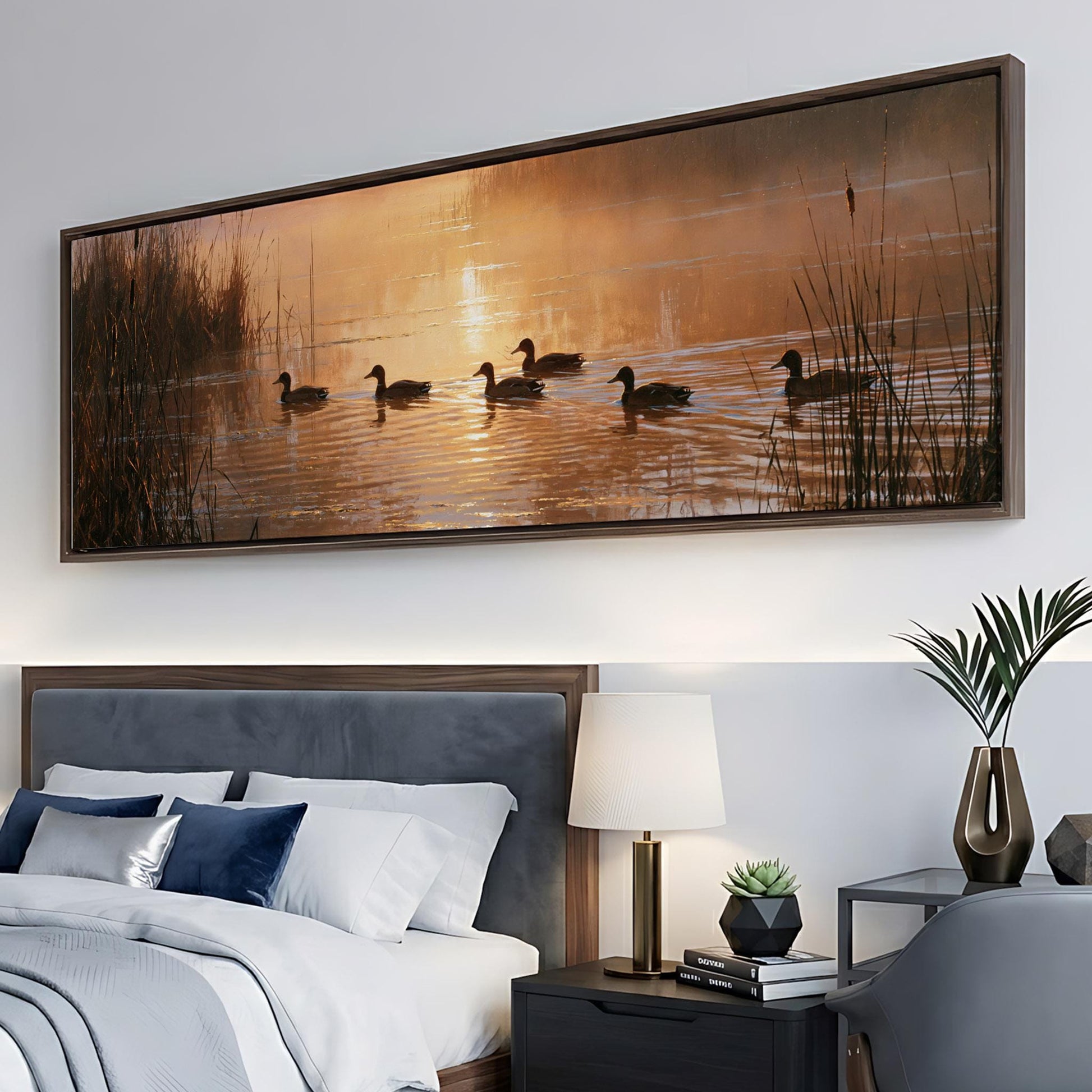 a serene scene of ducks swimming on a lake at sunset, with the warm glow of the setting sun reflected on the water.