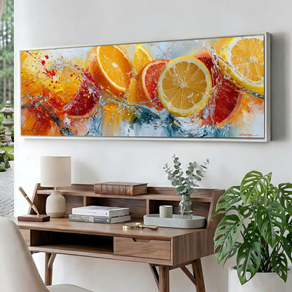 a large, colorful painting of oranges and lemons hanging on a wall above a wooden desk with various items on it.