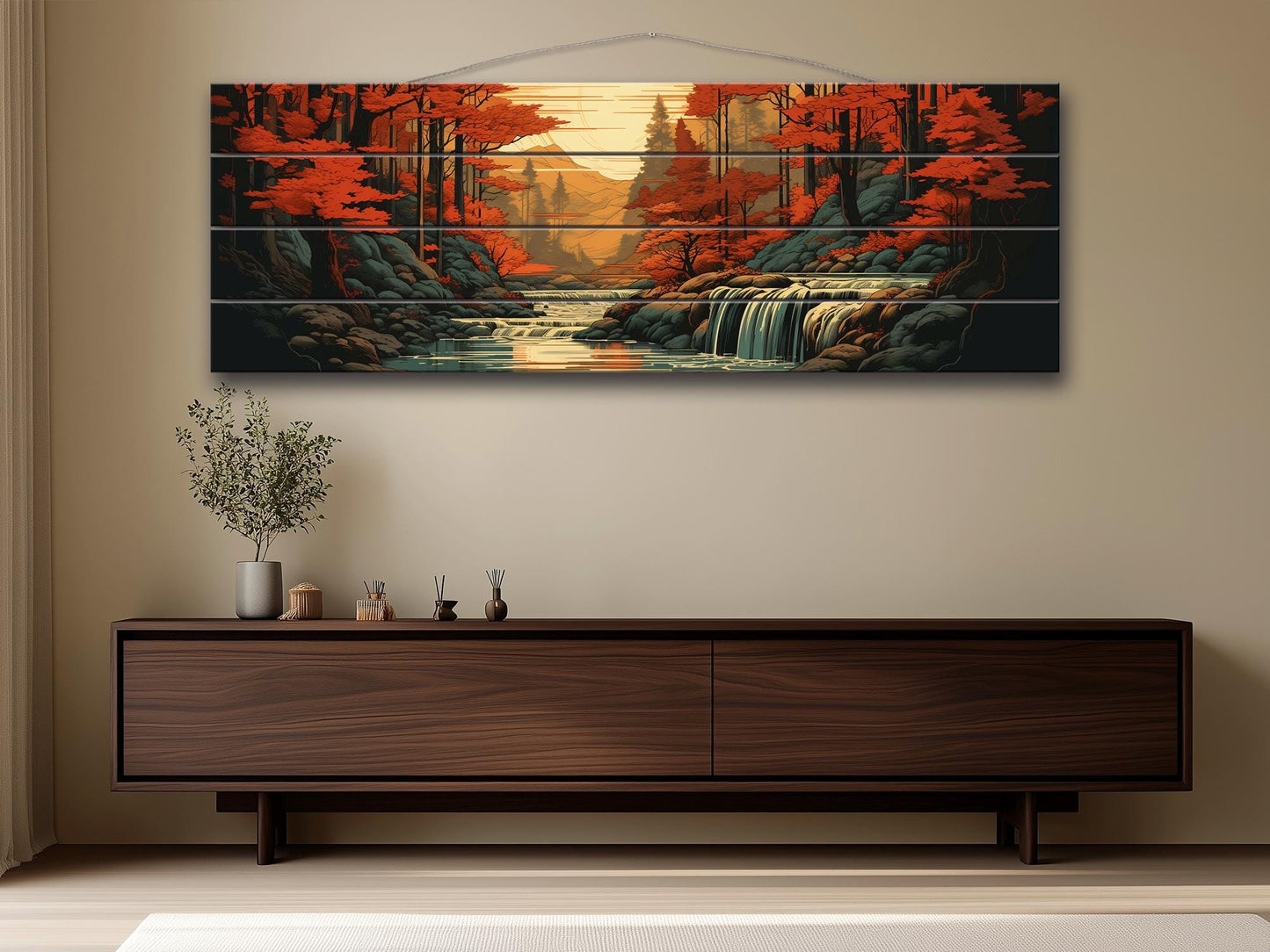 Rustic Autumn Wall Art - Wooden Waterfall Painting on Natural Wood Planks