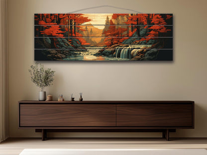 Rustic Autumn Wall Art - Wooden Waterfall Painting on Natural Wood Planks