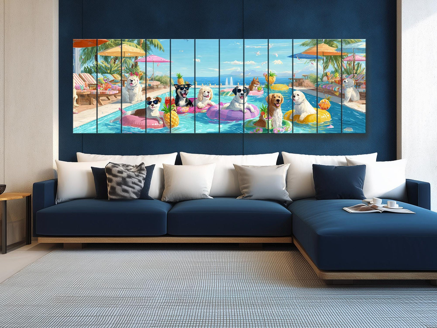 Dog Pool Wall Art – Colorful Summer Dog Print on Natural Wood – Playful Party Scene