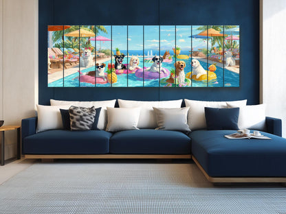 Dog Pool Wall Art – Colorful Summer Dog Print on Natural Wood – Playful Party Scene