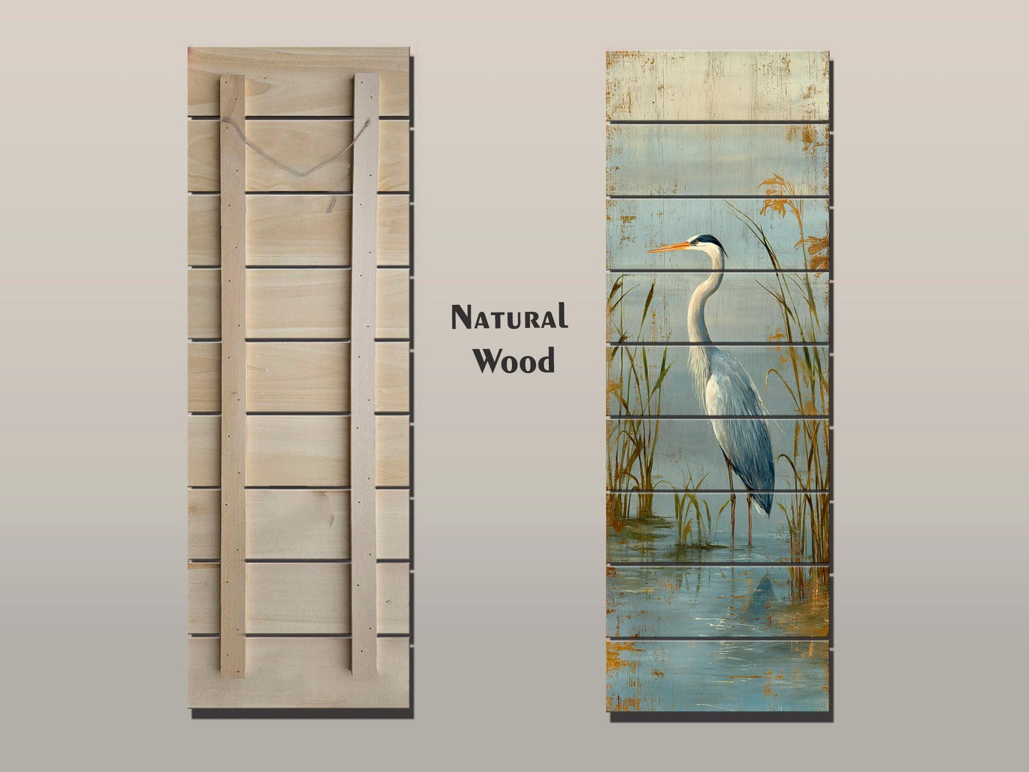 Wood Wall Art – Graceful Heron Print on Natural Wood Planks | Rustic Cabin Decor