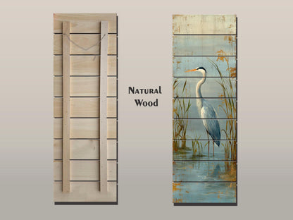 Wood Wall Art – Graceful Heron Print on Natural Wood Planks | Rustic Cabin Decor