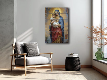 Virgin Mary Wall Art – Natural Wood Plank Art | Christian Wall Decor Print