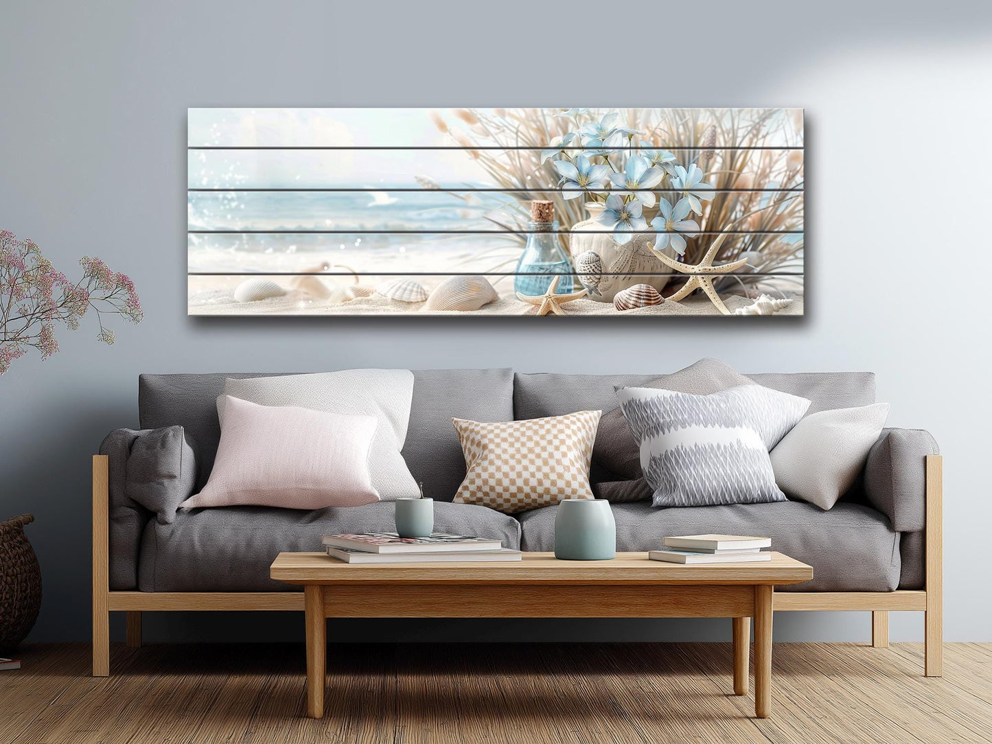 Wooden Wall Art – Coastal Beach Still Life Print on Natural Wood Planks
