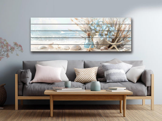 Wooden Wall Art – Coastal Beach Still Life Print on Natural Wood Planks
