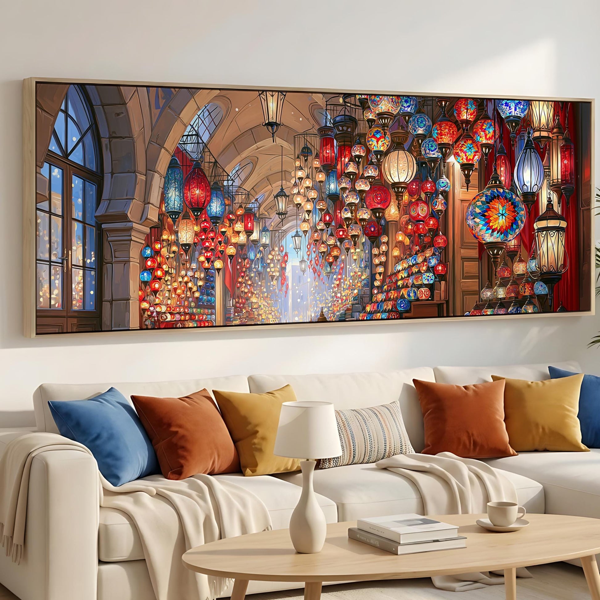 a cozy living room with a large, colorful painting of a lantern-filled hallway hanging on the wall above a white sofa adorned with throw pillows.