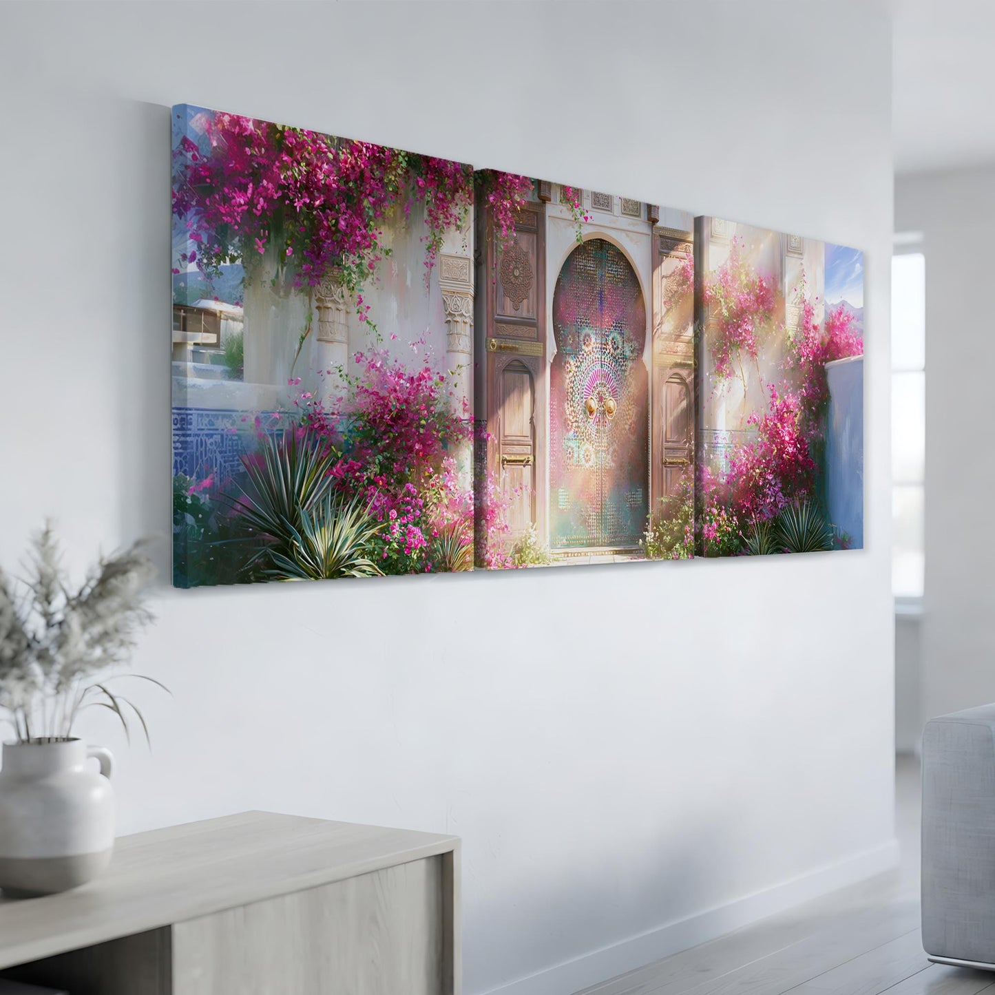 A large, colorful painting depicting a vibrant garden scene with pink flowers, a wooden archway, and a blue sky.