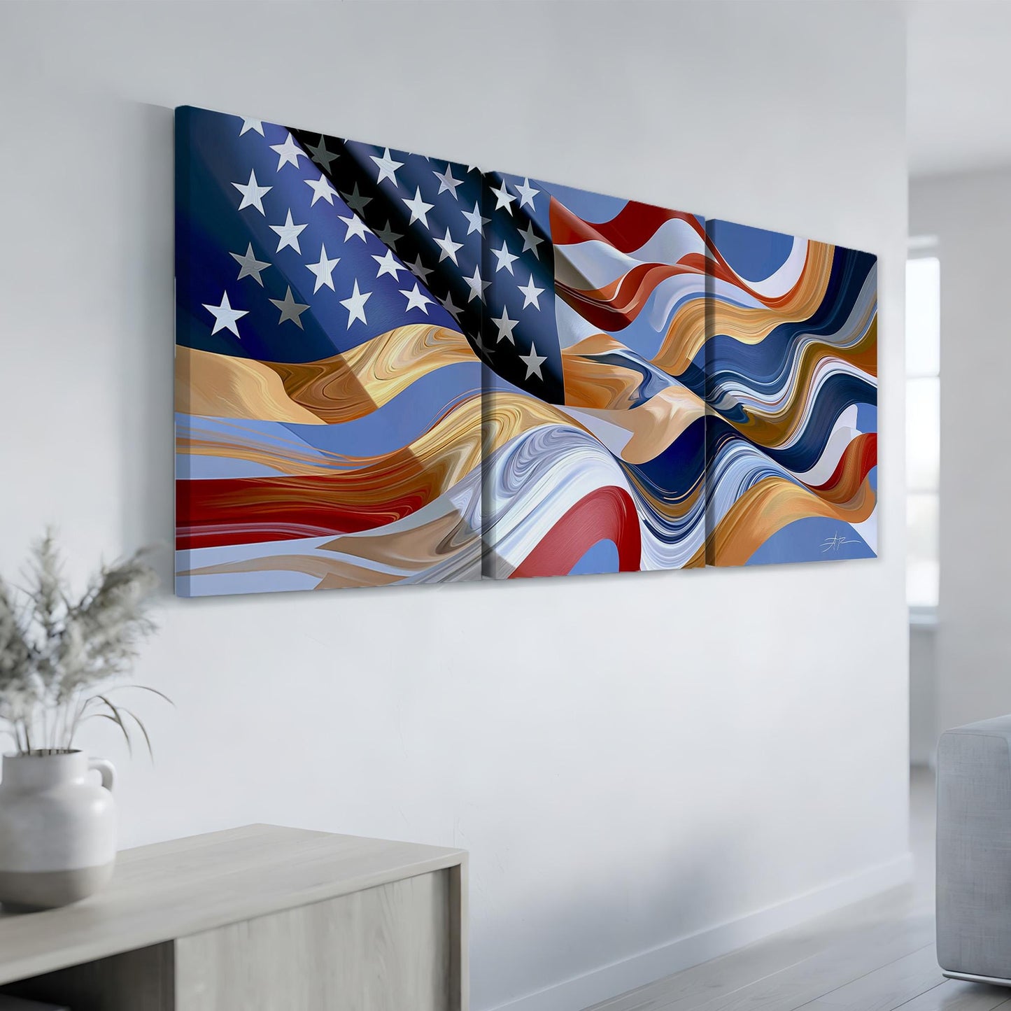 a large, colorful painting of the American flag hanging on a wall.