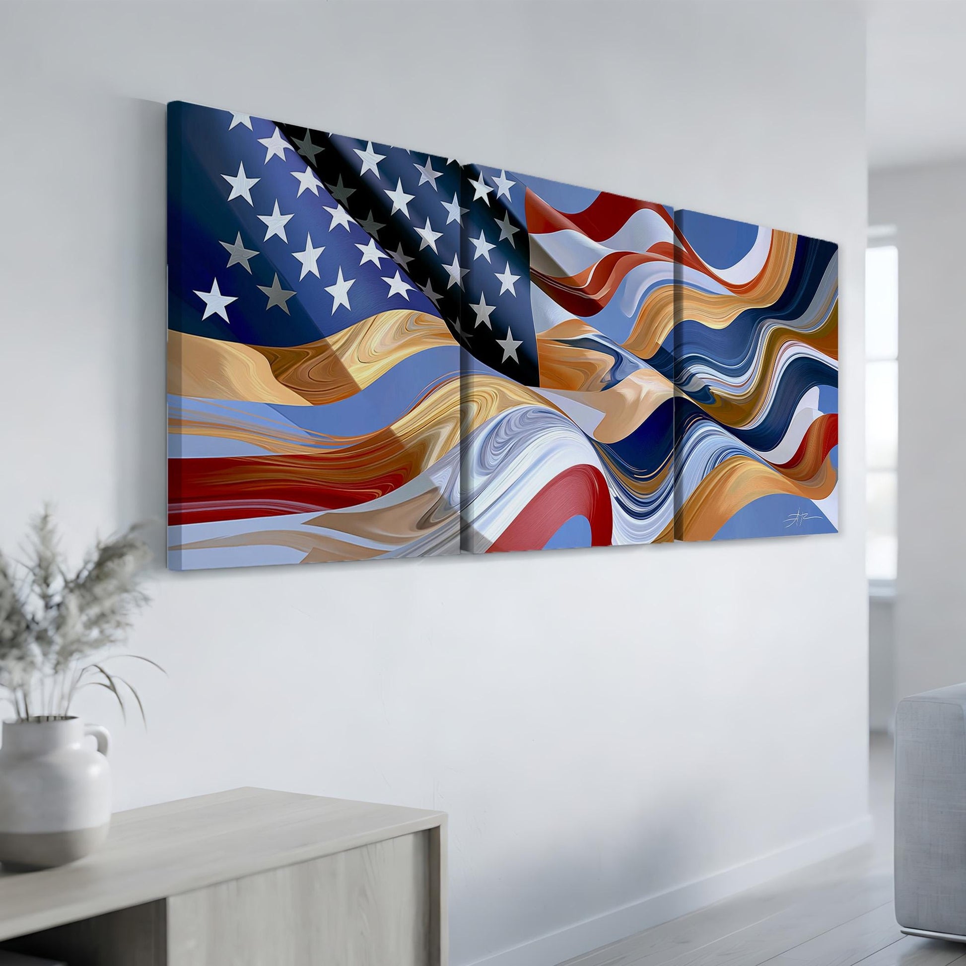 a large, colorful painting of the American flag hanging on a wall.