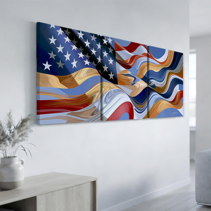 a large, colorful painting of the American flag hanging on a wall.