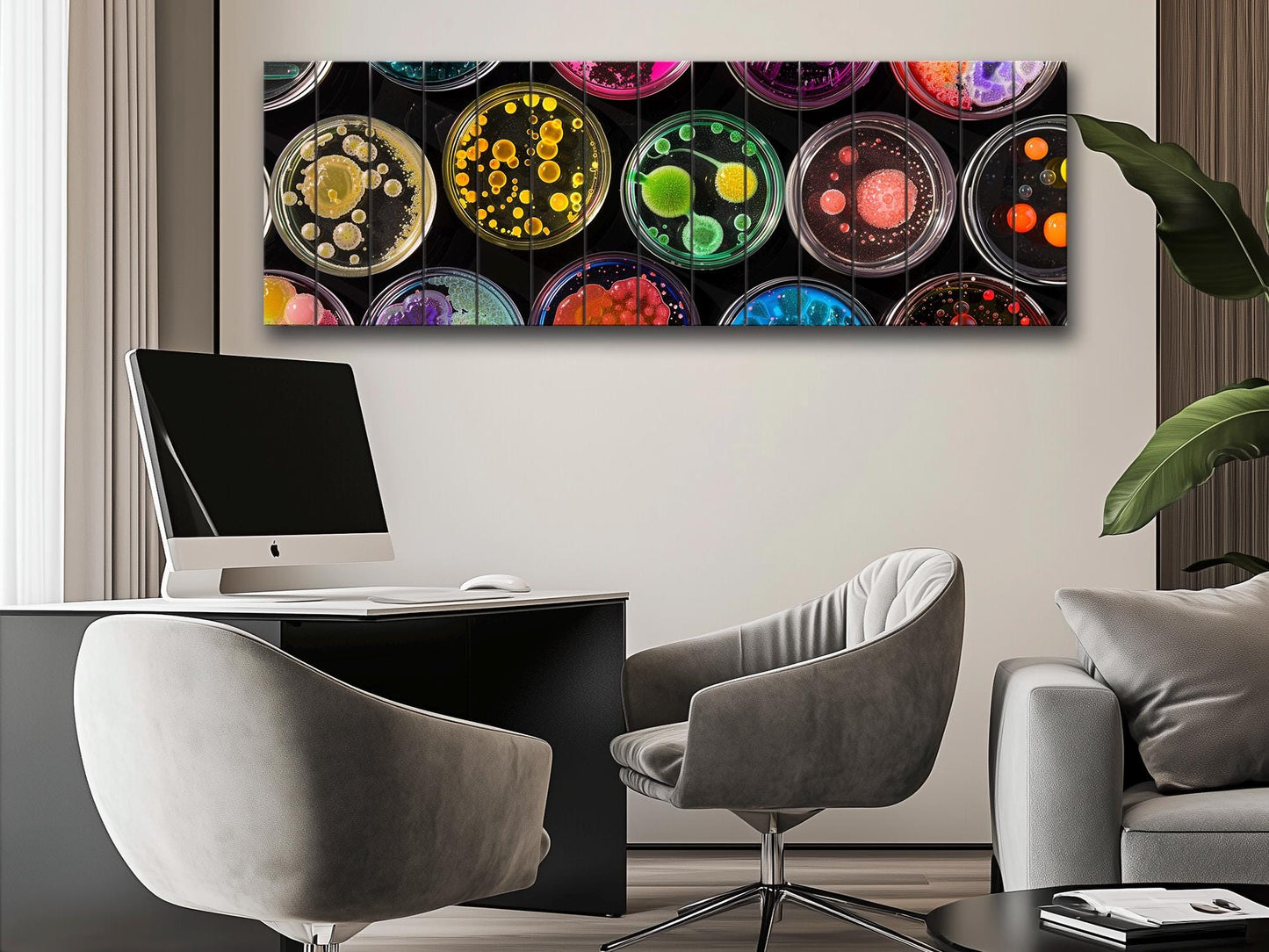 Petri Dish Wall Art – Colorful Abstract Science Print on Natural Wood Decor