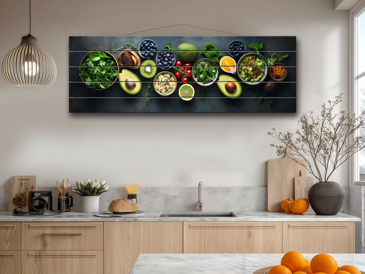 Healthy Food Wall Art – Large Natural Wood Painting | Modern Kitchen Decor