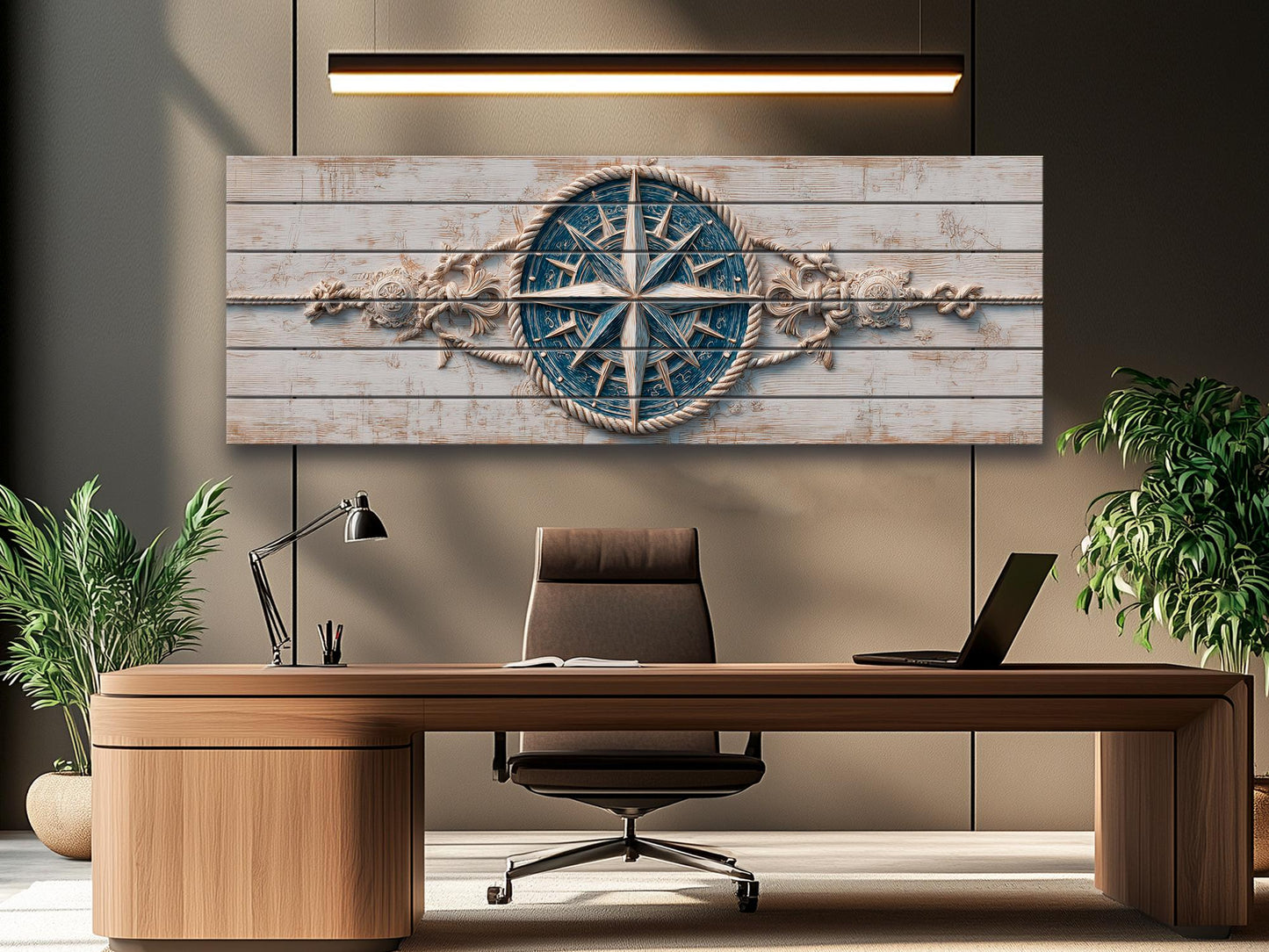 Compass Rose Wood Print – Nautical Wall Art | Rustic Coastal Decor with Anchor & Rope