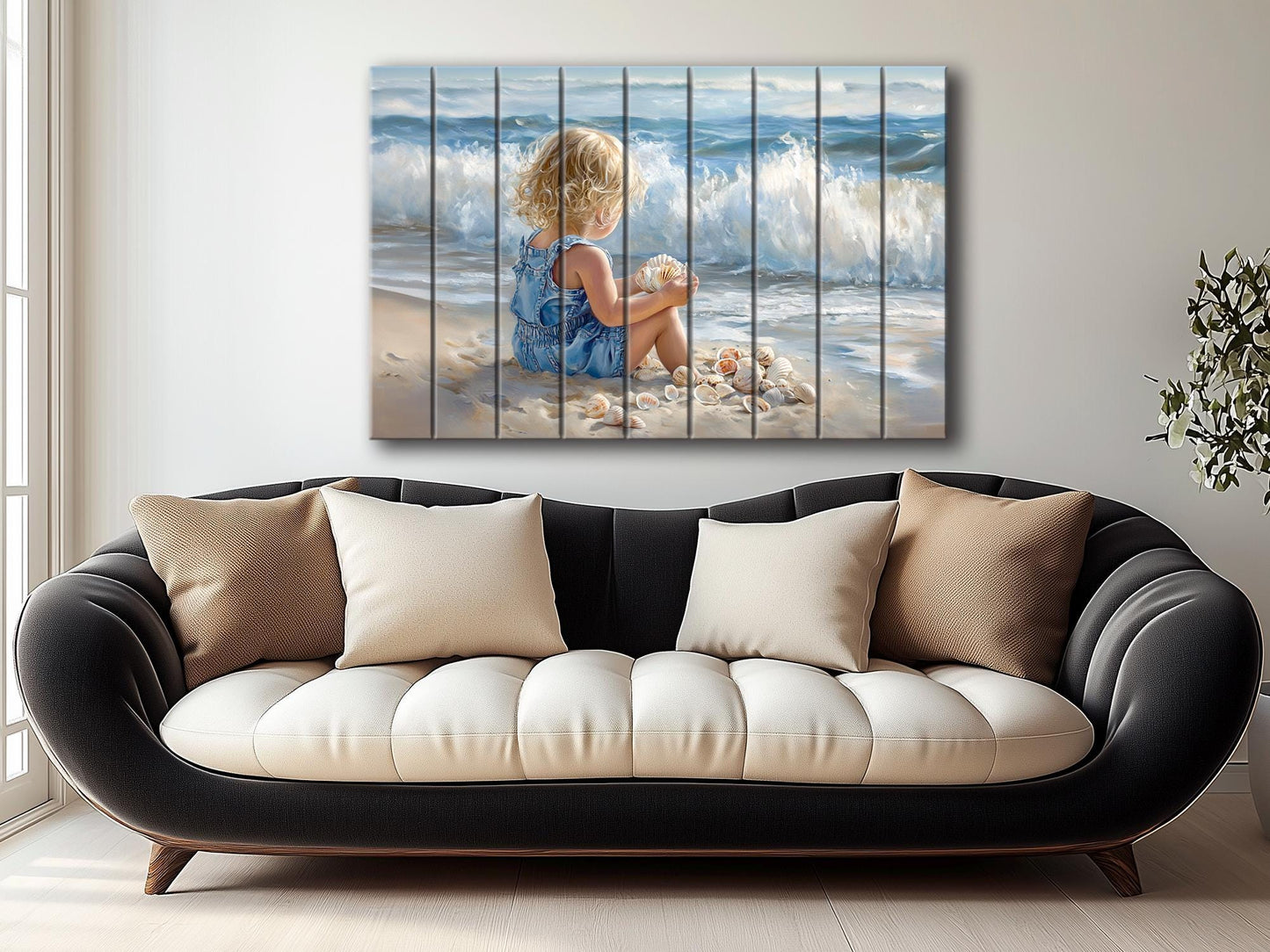 Wood Wall Art – Abstract Beach Wall Decor With Kid Playing on Wood Print