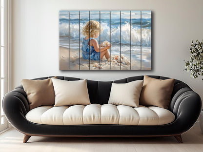 Wood Wall Art – Abstract Beach Wall Decor With Kid Playing on Wood Print
