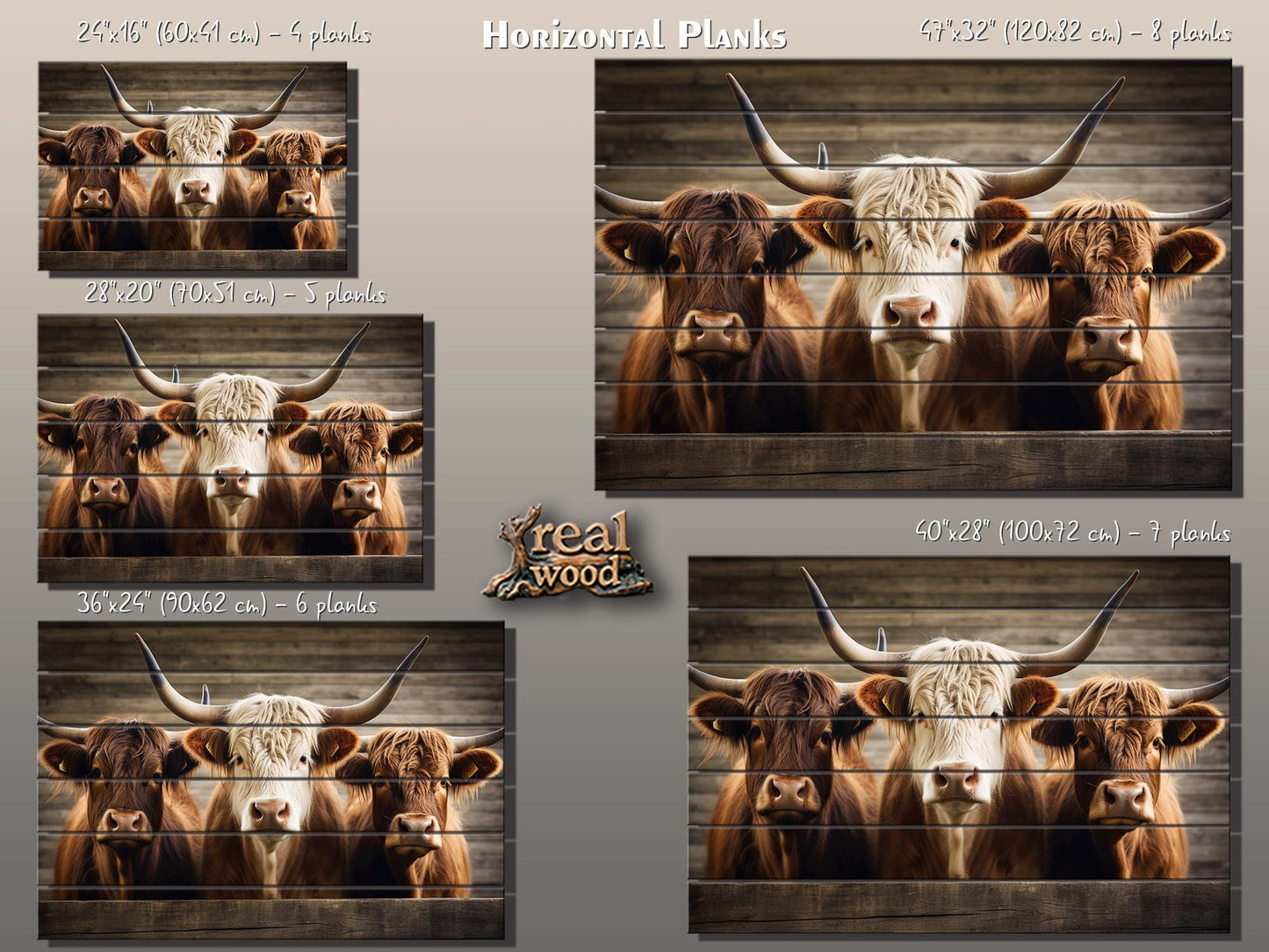 Rustic Wood Wall Art – Highland Cows Painting on Natural Wood Planks | Farmhouse Wall Decor