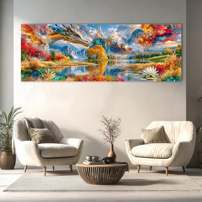 a large, colorful painting of a dragon and a landscape with mountains, flowers, and a lake. The painting is displayed on a wall above a seating area with two white armchairs and a coffee table.